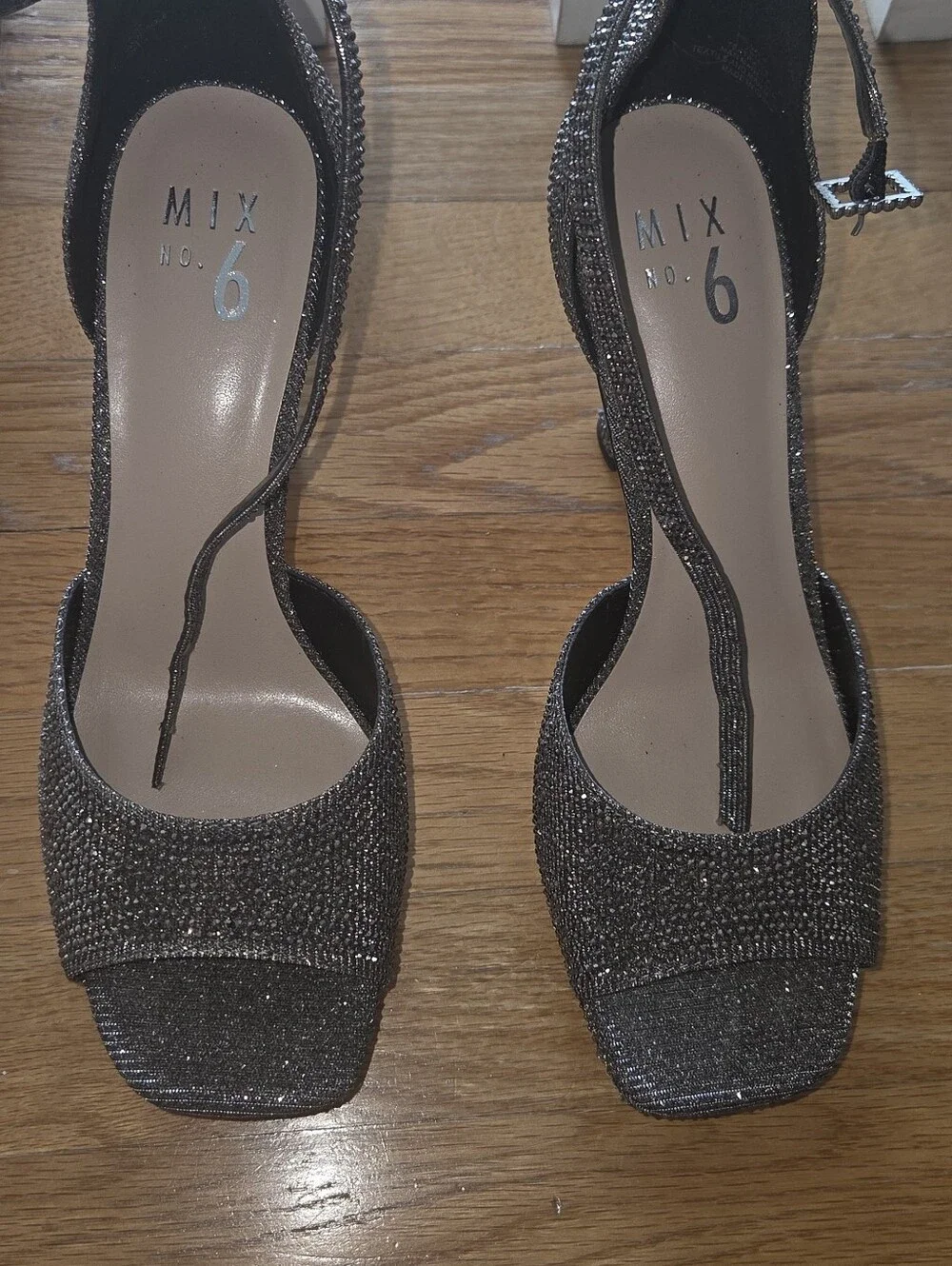 Mix No. 6 Gunmetal Glitter Strappy Peep-Toe Heels